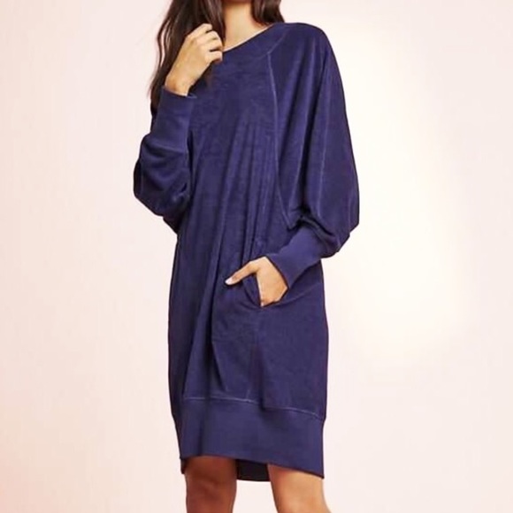 SOLD-NWT Anthropologie Slouchy Navy Blue Terry Sweatshirt Dolman Cocoon Dress - Picture 7 of 11